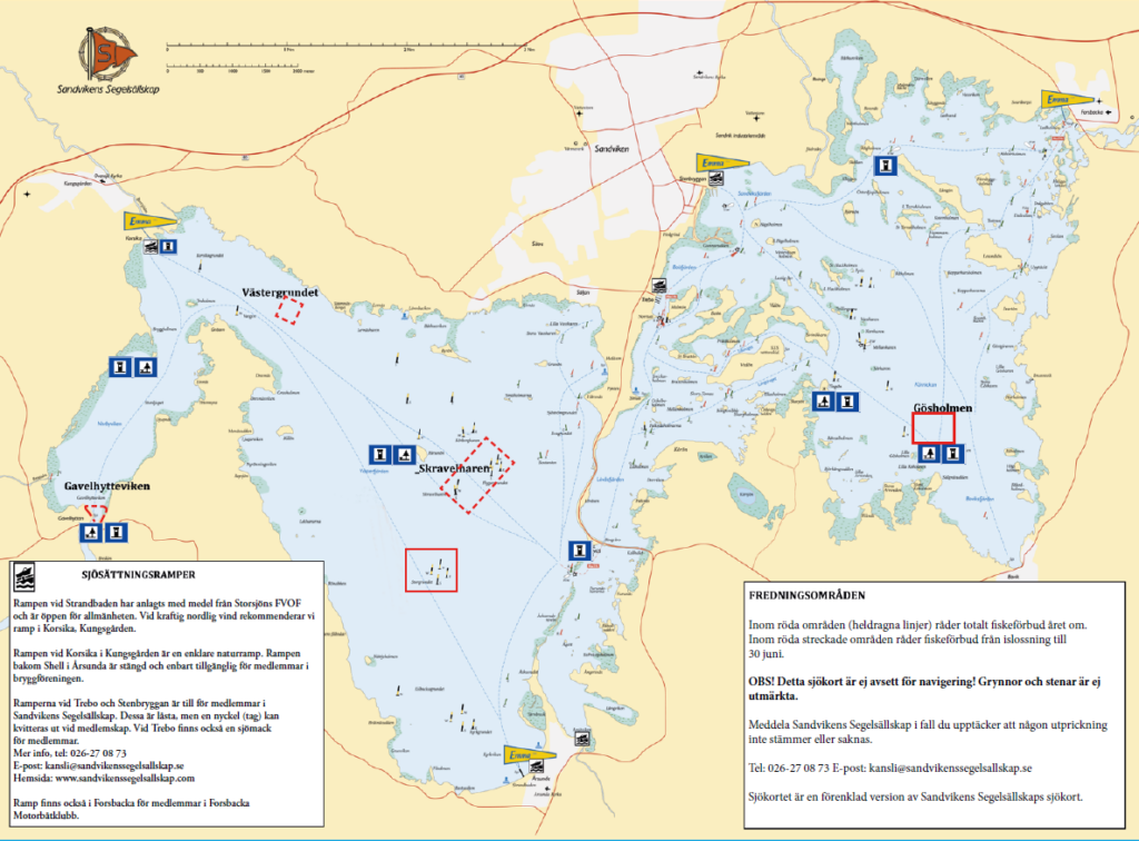 Exempel på fredningsområden markerade med röda rutor i en karta för Storsjöns fiskevårdsområde. 
