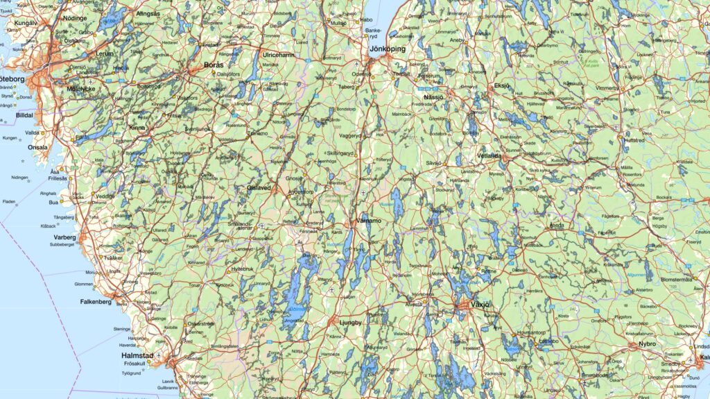 Karta som visar fiskevårdsområden i Södra Sverige. 