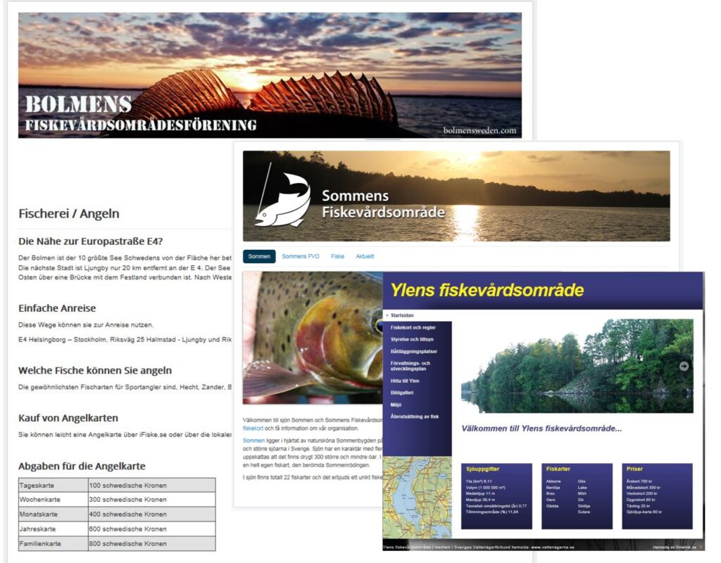 Skärmklipp som visar webbsidor för Bolmens, Sommens och Ylens fiskevårdsområden. 
